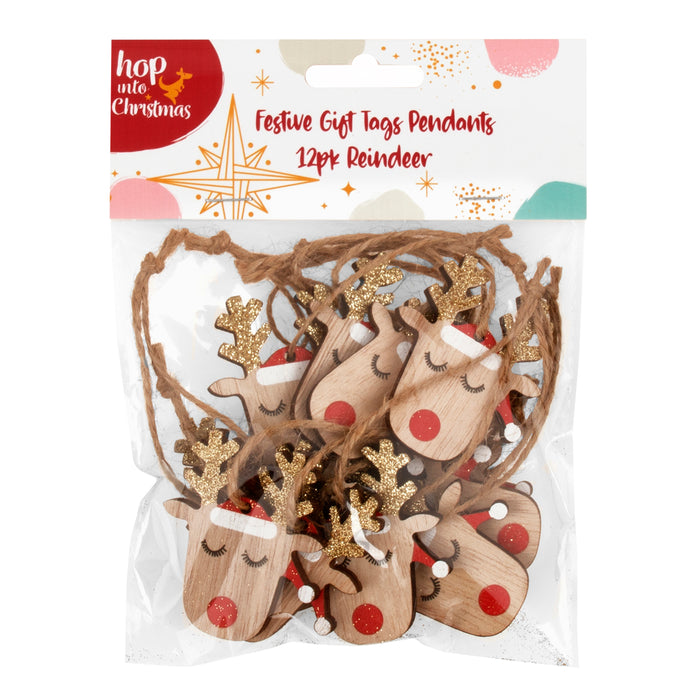 Christmas Gift Tag Reindeer Pendants 12pk