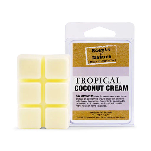 White Tropical Coconut Cream square soy wax melts (FG1801) in packaging. Sweet, creamy tropical Australian home fragrance.