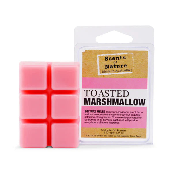 Pink Toasted Marshmallow square soy wax melts (FG1802) in packaging. Sweet, Australian-made home fragrance for oil burners.