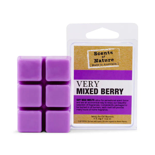 Bright purple Very Mixed Berry square soy wax melts (FG1803) in packaging. Sweet, rich, fruity Australian home fragrance.