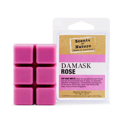 Bright pink Damask Rose square soy wax melts (FG1809) in packaging. Classic floral, luxurious Australian home fragrance.