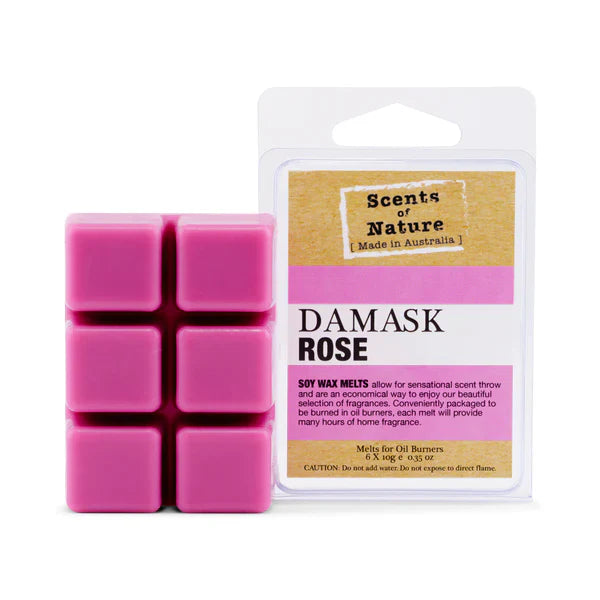 Bright pink Damask Rose square soy wax melts (FG1809) in packaging. Classic floral, luxurious Australian home fragrance.