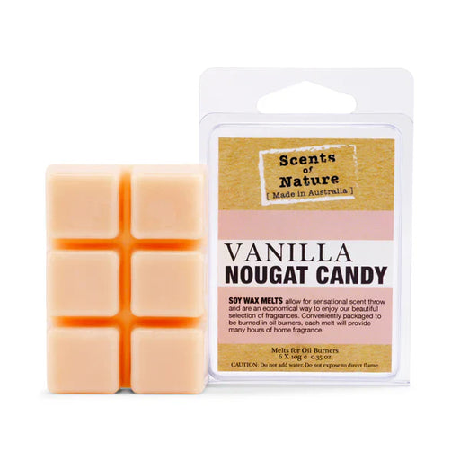 Beige/white Vanilla Nougat Candy square soy wax melts (FG1812) in packaging. Sweet, gourmand, vanilla Australian home fragrance.