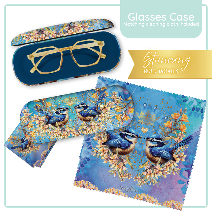 Lisa Pollock Royal Wrens Glasses Case (GC81) in blue with two wrens and yellow floral print, open with glasses inside, shown with matching cleaning cloth.