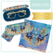 Lisa Pollock Royal Wrens Glasses Case (GC81) in blue with two wrens and yellow floral print, open with glasses inside, shown with matching cleaning cloth.