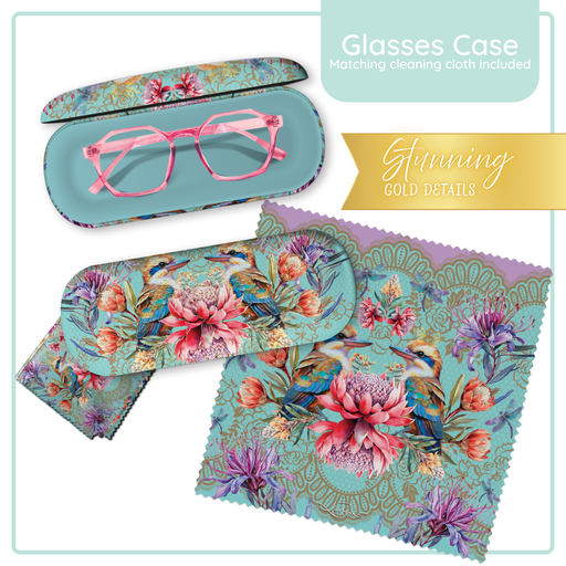 Lisa Pollock Vintage Kookas Glasses Case (GC82) in teal with two Kookaburras, intricate lace patterns, and pink/purple flowers, shown with matching cleaning cloth.