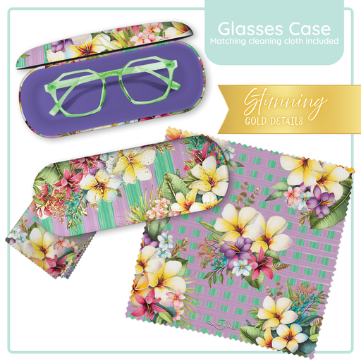 Lisa Pollock Paradise Bloom Glasses Case (GC83) with tropical flowers (Frangipani) over purple and green stripes, shown with matching cleaning cloth.