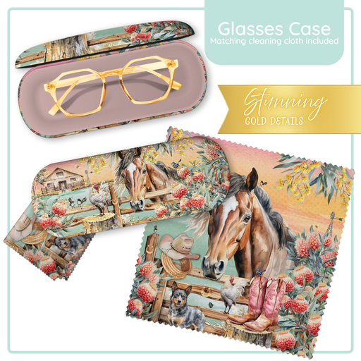 Lisa Pollock Country Dusk Glasses Case with a horse, rooster, and boots design. Gold details and matching cleaning cloth included.