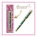 Lisa Pollock Champagne Poppers Pen (PEN05) in green and pink with champagne bottle and flutes print, gold detail, shown next to matching gift box.