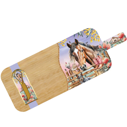 Lisa Pollock Country Dusk Serving Platter (RLSP10), a bamboo board with handle, decorated with horses, cattle dog, wattle, and a farm fence, shown with matching knife.