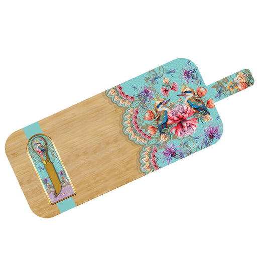 Lisa Pollock Vintage Kookas Serving Platter (RLSP9), a bamboo board with handle, decorated with Kookaburras, flowers, and lace-like patterns, shown with matching knife.