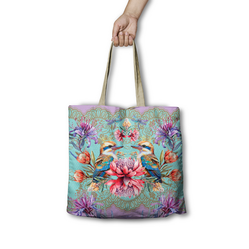 Lisa Pollock Vintage Kookas Tote Bag (RSB106) with a design of two Kookaburras, intricate lace patterns, and purple/teal flowers on a light blue background.