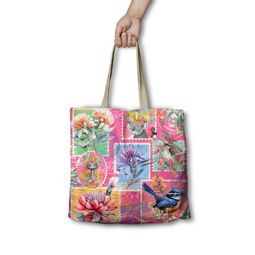 Lisa Pollock Pretty Postage Tote Bag (RSB107) with a pink and green collage of Australian postage stamps featuring blue wrens, koalas, and native flowers.