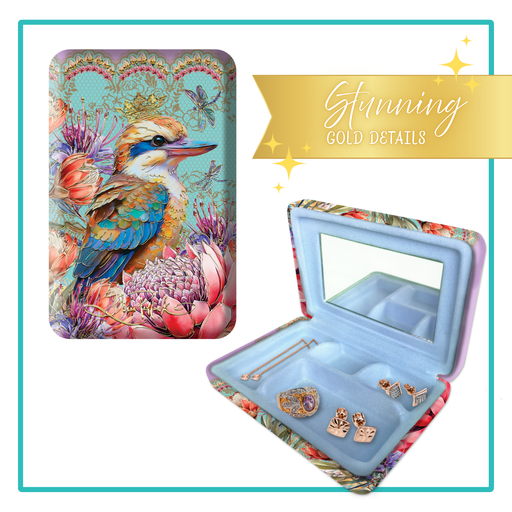Lisa Pollock Vintage Kookas Decorative Jewellery Box (SJC17) with a crowned Kookaburra and pink floral print, open to show blue velvet interior and mirror.
