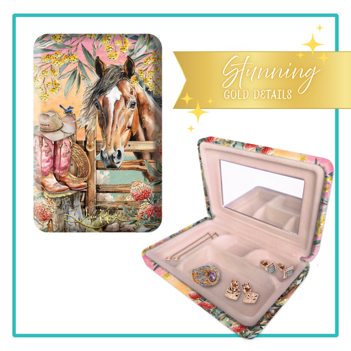 Lisa Pollock Country Dusk Decorative Jewellery Box (SJC18) with a horse, cowboy boots, and native flowers, open to show pink velvet interior and mirror.