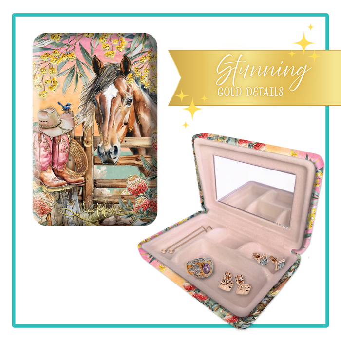 Lisa Pollock Country Dusk Decorative Jewellery Box (SJC18) with a horse, cowboy boots, and native flowers, open to show pink velvet interior and mirror.
