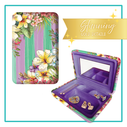 Lisa Pollock Paradise Bloom Compact Jewellery Case (SJC19) with tropical flowers (Frangipani) over purple and green stripes, open to show purple velvet interior and mirror.