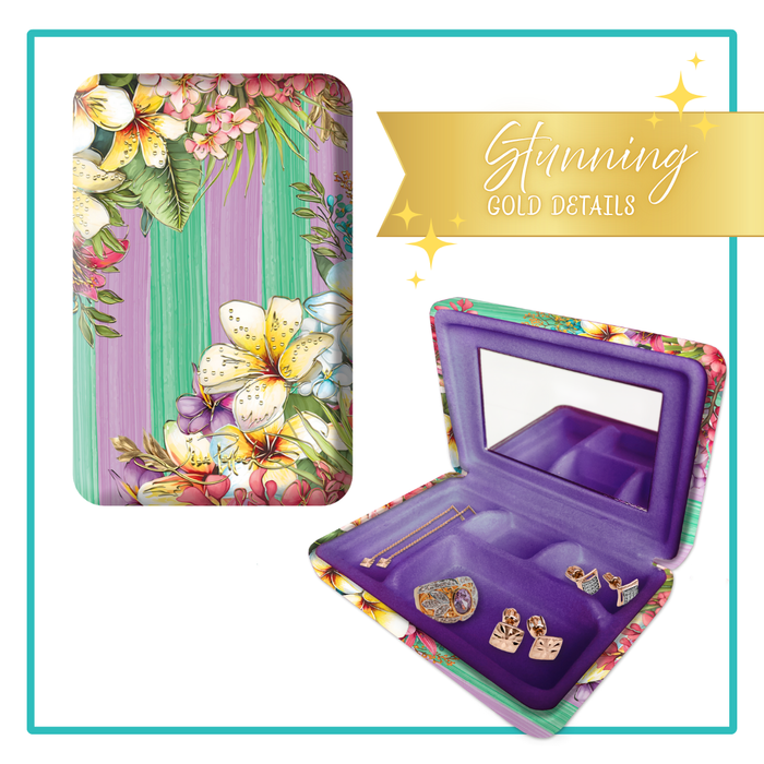 Lisa Pollock Paradise Bloom Compact Jewellery Case (SJC19) with tropical flowers (Frangipani) over purple and green stripes, open to show purple velvet interior and mirror.
