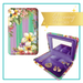 Lisa Pollock Paradise Bloom Compact Jewellery Case (SJC19) with tropical flowers (Frangipani) over purple and green stripes, open to show purple velvet interior and mirror.