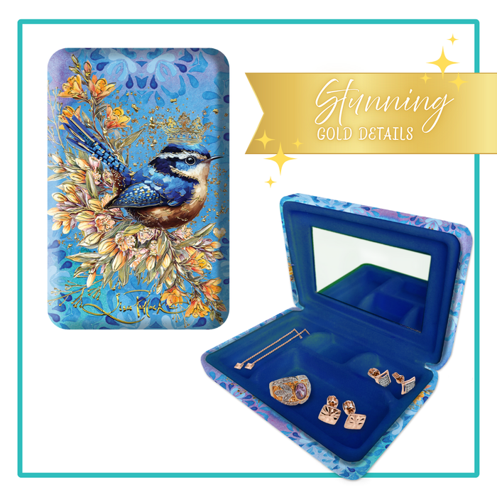 Lisa Pollock Royal Wrens Compact Jewellery Case (SJC20) with a blue wren wearing a crown and yellow floral print, open to show blue velvet interior and mirror.