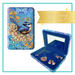 Lisa Pollock Royal Wrens Compact Jewellery Case (SJC20) with a blue wren wearing a crown and yellow floral print, open to show blue velvet interior and mirror.