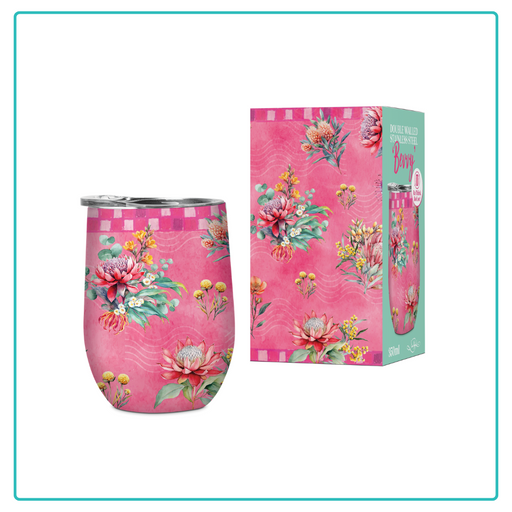 Lisa Pollock Pretty Postage Florals Stemless Wine Tumbler (SSB033) in pink with native flowers (Proteas, Wattle), shown next to its box.