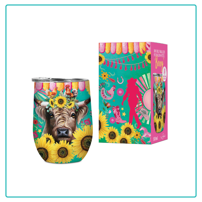 Lisa Pollock Carnival Cow Stemless Wine Tumbler (SSB035) in teal with a Highland Cow, sunflowers, and festival print, shown next to its matching box.