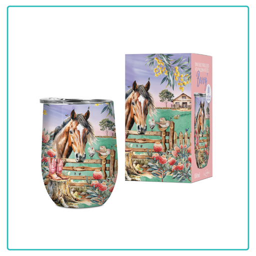 Lisa Pollock Country Dusk Stemless Wine Tumbler (SSB036) with a horse, cattle dog, farm fence, and wattle flowers on a country background, shown next to its box.