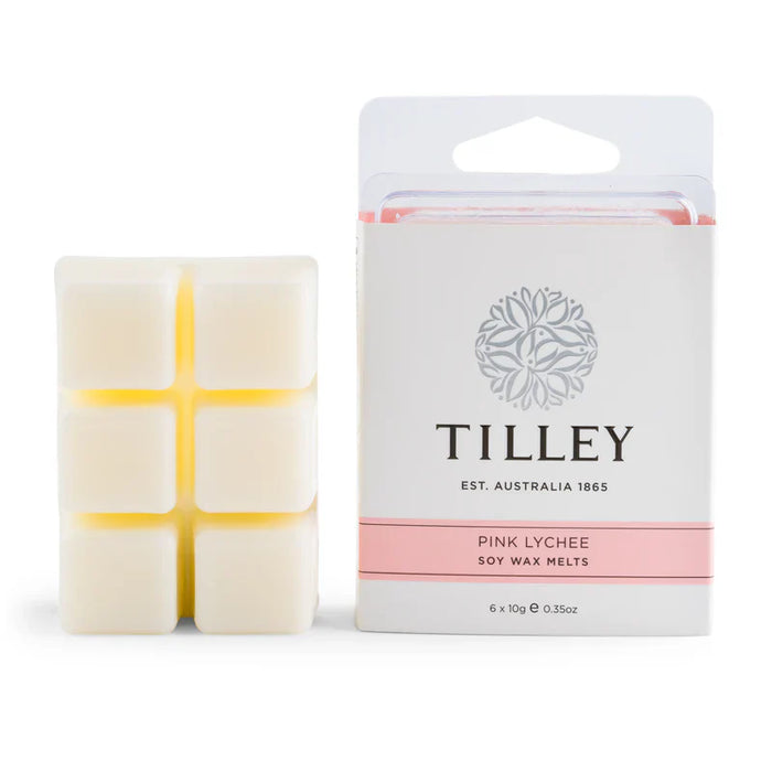 Tilley Pink Lychee Soy Wax Melts (FG0851), 6 x 10g square melts next to white packaging. Australian-made home fragrance.
