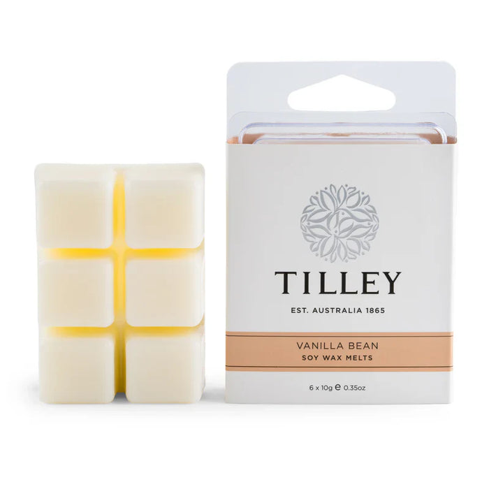 Tilley Vanilla Bean Soy Wax Melts (FG0853), 6 x 10g square melts next to white packaging. Australian-made home fragrance.