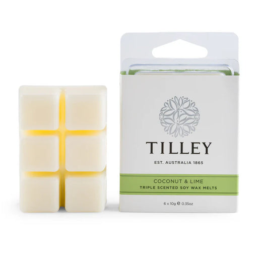Tilley Coconut & Lime Soy Wax Melts (FG0854), 6 x 10g square melts next to white packaging. Australian-made home fragrance.