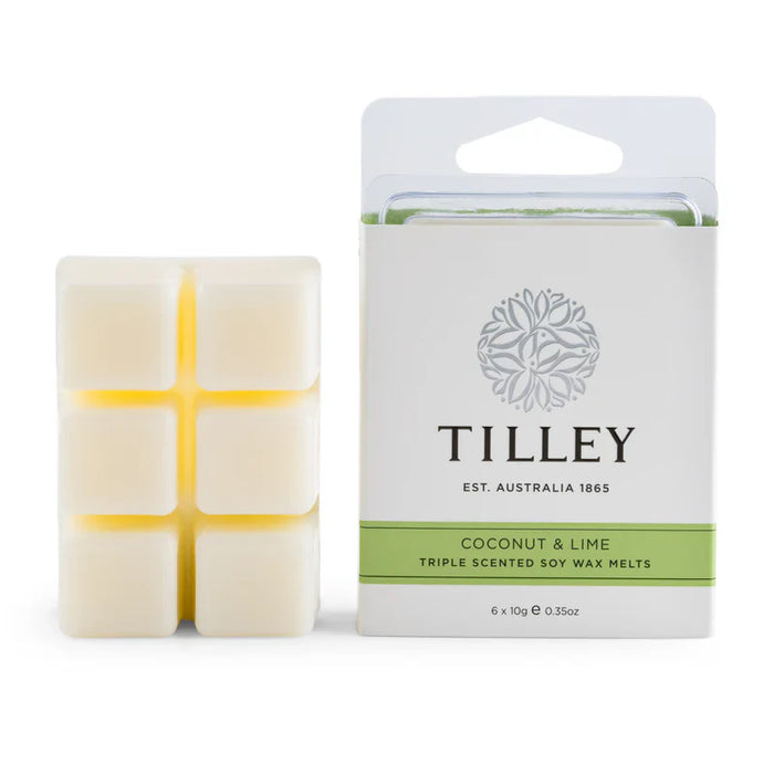 Tilley Coconut & Lime Soy Wax Melts (FG0854), 6 x 10g square melts next to white packaging. Australian-made home fragrance.