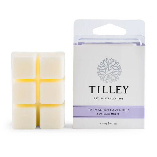 Tilley Tasmanian Lavender Soy Wax Melts (FG0856), 6 x 10g square melts next to white packaging. Australian-made home fragrance.