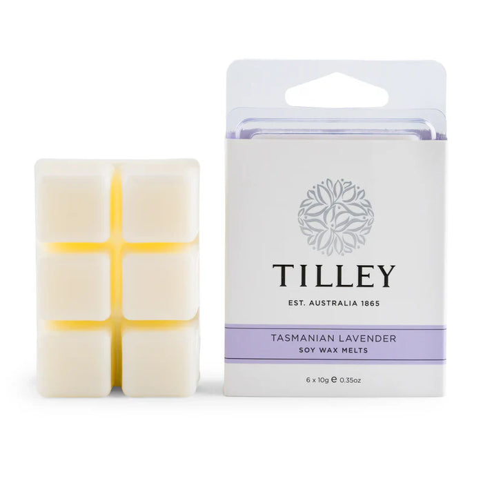 Tilley Tasmanian Lavender Soy Wax Melts (FG0856), 6 x 10g square melts next to white packaging. Australian-made home fragrance.