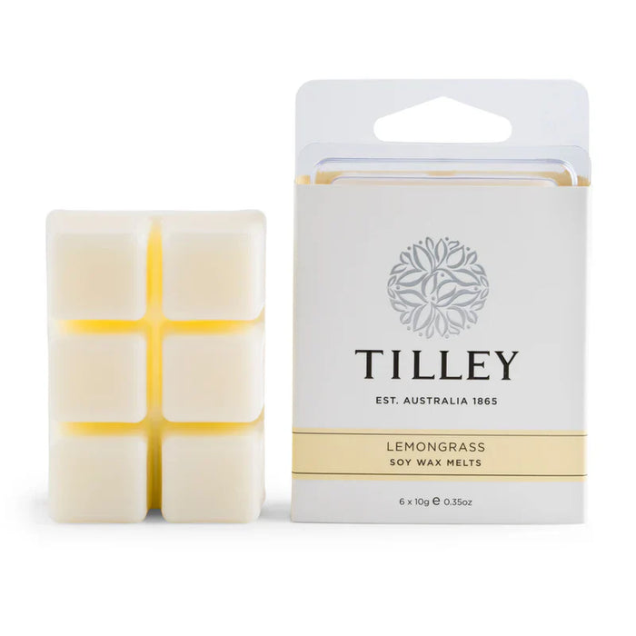 Tilley Lemongrass Soy Wax Melts (FG0859), 6 x 10g square melts next to white packaging. Australian-made home fragrance.