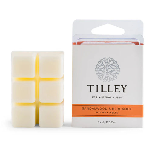 Tilley Sandalwood & Bergamot Soy Wax Melts (FG0860), 6 x 10g square melts next to white packaging. Australian-made home fragrance.