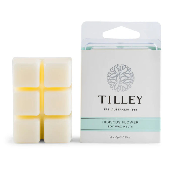 Tilley Hibiscus Flower Soy Wax Melts (FG0861), 6 x 10g square melts next to white packaging. Australian-made home fragrance.
