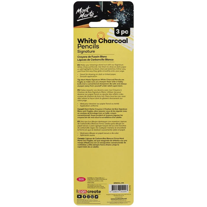 Mont Marte White Charcoal Pencils 3pc
