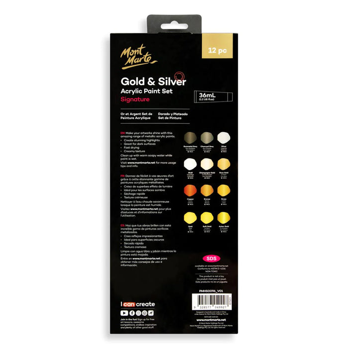 Mont Marte Gold & Silver Acrylic Paint 12pc